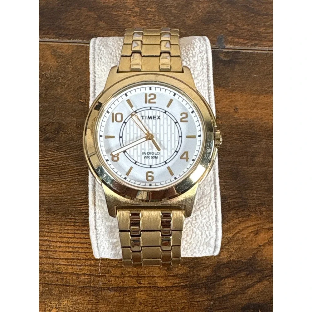 Timex Indiglo WR 50M Gold Tone‎ Stainless Steel Expansion Band Watch White Dial